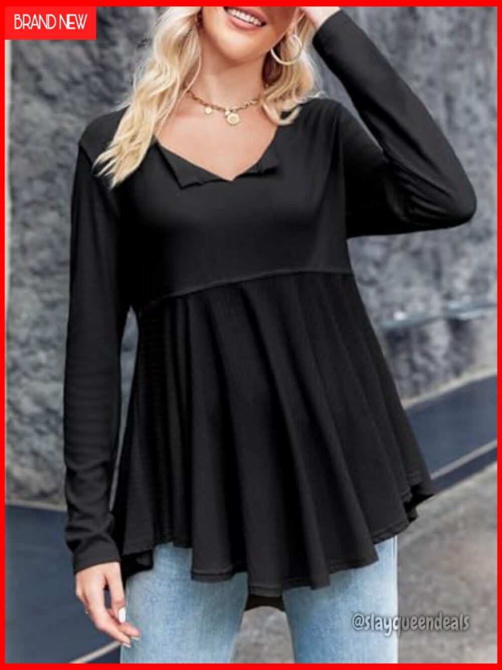 V-Neck Long Sleeve Peplum Tunic Top Flowy Babydoll Blouse Loose Fit - Picture 3 of 6